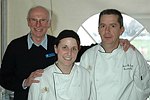  Gene Oliva from Peconic Bay, Amy Zupanci and Steven DeBruyn from the Garden City Hotel at the Peconic Bay Winery 3rd. Annual Thanksgiving Barrell Tasting on 11-21-04 in Cutchogue, N.Y., honoring Larry Forgione and benefitting the NYIT Culinary Arts Program.<br>photo by Rob Rich copyright 2004 516-676-3939 robwayne1@aol.com