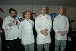 Culinary director Michael Meehan, 3rd runner up Karen Boughtin, 2nd runner up Cesare Bonventre, and $3000. scholarship recepient James Ahearn  at the Peconic Bay Winery 3rd. Annual Thanksgiving Barrell Tasting on 11-21-04 in Cutchogue, N.Y., honoring Larry Forgione and benefitting the NYIT Culinary Arts Program.<br>photo by Rob Rich copyright 2004 516-676-3939 robwayne1@aol.com