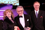 Presenter Aileen Mehle with honoree Victor Skrebneski and Chuck Scarborough at the Pratt Legends Scholarship Benefit Gala Dinner at the Rainbow Room on 5-25-04<br>photo by Rob Rich copyright 2004<br>516-676-3939<br>robwayne1@aol.com