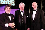 Honoree Emanuel Ungaro, Presenter John Fairchild, and President Thomas F. Schutt at the Pratt Legends Scholarship Benefit Gala Dinner at the Rainbow Room on 5-25-04<br>photo by Rob Rich copyright 2004<br>516-676-3939<br>robwayne1@aol.com