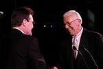 Presenter Tom Bodett and Honoree Stan Richards at the Pratt Legends Scholarship Benefit Gala Dinner at the Rainbow Room on 5-25-04<br>photo by Rob Rich copyright 2004<br>516-676-3939<br>robwayne1@aol.com